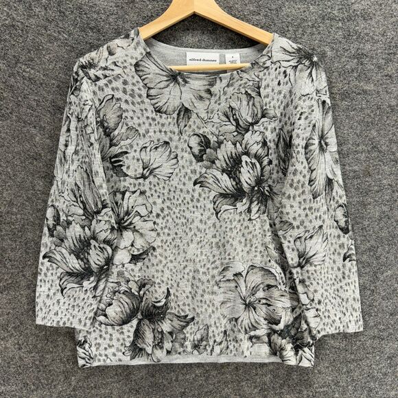 Alfred Dunner Sweater Pullover Women S Small Gray Floral Wool Knit Long Sleeve - Picture 1 of 7
